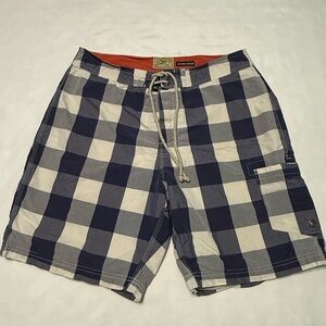 J CREW Board Shorts Mens 33 Navy Blue Plaid Swim Trunks 9" Long Board Mesh Lined